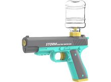 Charger l&#39;image dans la galerie, Un pistolet à eau turquoise, gris et jaune avec une bouteille d&#39;eau transparente sur le dessus, étiqueté &#39;STORM ELECTRIC WATER GUN&#39; sur fond blanc.
