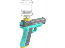 Charger l&#39;image dans la galerie, Pistolet à eau électrique avec bouteille transparente, gris, turquoise et jaune sur fond blanc.
