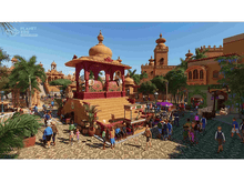 Charger l&#39;image dans la galerie, Une scène vibrante et caricaturale d&#39;une place de la ville avec des bâtiments, des gens et une scène avec des éléphants.
