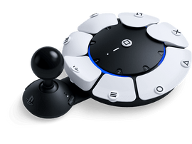 Manette circulaire blanche et noire avec boutons et joystick. Accessoire de jeu.