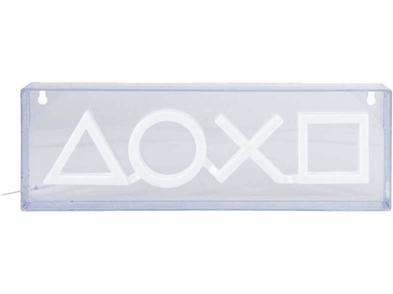 Enseigne lumineuse PlayStation, symboles blancs sur une boîte transparente, sur fond blanc.