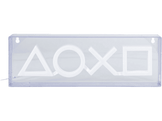 Enseigne lumineuse PlayStation, symboles blancs sur une boîte transparente, sur fond blanc.
