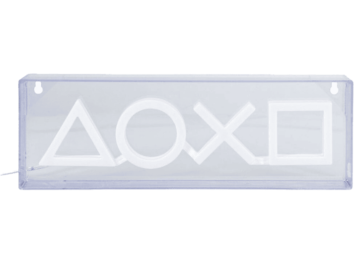 Enseigne lumineuse PlayStation, symboles blancs sur une boîte transparente, sur fond blanc.