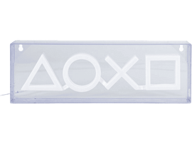 Enseigne lumineuse PlayStation, symboles blancs sur une boîte transparente, sur fond blanc.