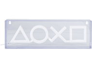 Enseigne lumineuse PlayStation, symboles blancs sur une boîte transparente, sur fond blanc.