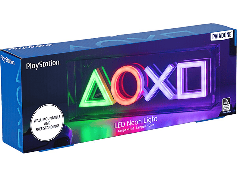 Lumière néon LED PlayStation dans une boîte, avec logos et boutons de couleur.