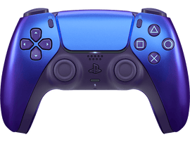 Manette DualSense PlayStation 5 en dégradé bleu et violet. Boutons : triangle, carré, cercle, croix et croix directionnelle.