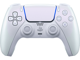 Manette PlayStation 5 blanche. Boutons : X, carré, triangle, cercle, flèches, pavé tactile.