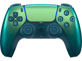 Manette Playstation 5 verte et bleue avec boutons visibles.