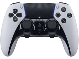 Manette PS5 blanche et noire, avec boutons, sur fond noir.