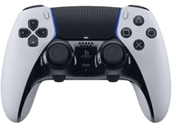 Manette PS5 blanche et noire, avec boutons, sur fond noir.