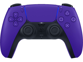 Manette PlayStation 5 violette sur fond noir, symboles des boutons.