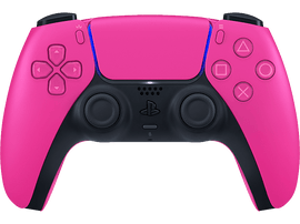 Manette rose PlayStation 5. Accents noirs, boutons et croix directionnelle.