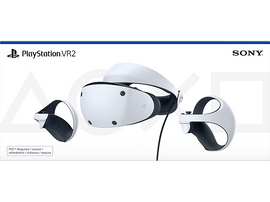 Casque et manettes PlayStation VR2 sur fond blanc. Logo Sony en haut.
