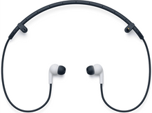 Charger l&#39;image dans la galerie, Écouteurs sans fil à tour de cou bleus et blancs, avec écouteurs et un design incurvé.

