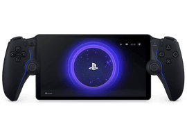 Appareil de jeu portable noir avec écran affichant un logo Playstation bleu et des manettes.