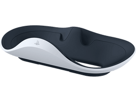 Station de charge blanche et bleu foncé pour manette PlayStation 5 sur fond transparent.