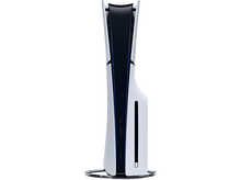 Charger l&#39;image dans la galerie, Console PlayStation 5, design blanc et noir, verticale sur socle argenté.
