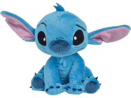 Peluche bleue Stitch avec de grandes oreilles, assis sur un fond noir.