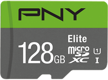 Charger l&#39;image dans la galerie, Carte microSD PNY 128 Go. Vert et gris. La carte affiche &quot;Elite&quot; et &quot;XC I&quot;.
