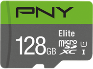 Carte microSD PNY 128 Go. Vert et gris. La carte affiche 