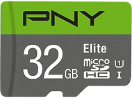 Carte microSD PNY 32 Go Elite avec étiquettes noires et vertes.