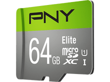 Charger l&#39;image dans la galerie, Carte micro SD verte et grise. Le texte indique &#39;PNY&#39;, &#39;64 Go&#39;, &#39;Elite&#39; et &#39;Micro XC I&#39;.
