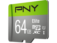 Carte micro SD verte et grise. Le texte indique 'PNY', '64 Go', 'Elite' et 'Micro XC I'.