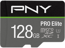 Charger l&#39;image dans la galerie, Une carte PNY Pro Elite 128 Go Micro SDXC, noire et grise, avec texte et logo.
