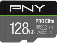 Une carte PNY Pro Elite 128 Go Micro SDXC, noire et grise, avec texte et logo.