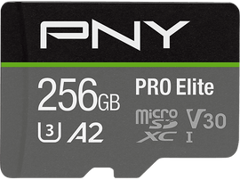 Carte micro SD PNY. Elle a 256 Go et une classification de vitesse V30.