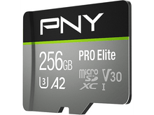 Charger l&#39;image dans la galerie, Carte MicroSD PNY 256 Go Pro Elite. Grise avec bande verte et texte blanc.
