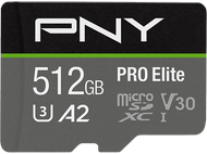 Carte MicroSD : Noire avec détails 'PNY' et 512 Go. Texte 'PRO Elite' et autres infos.