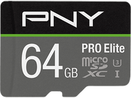 Carte Micro SD PNY 64 Go. Carte noire et verte avec texte blanc.