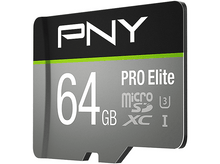 Charger l&#39;image dans la galerie, Une carte microSD PNY 64 Go noire et grise avec un fond blanc.
