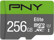 Carte microSD PNY 256 Go. Couleurs vertes et grises. Texte : Elite, micro, XC et U1. La carte est noire.