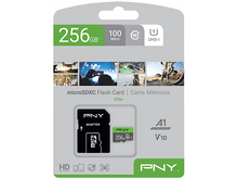 Charger l&#39;image dans la galerie, Une carte microSDXC PNY dans son emballage, avec des images de scénarios d&#39;utilisation et spécifications.
