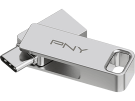 Clé USB argentée avec logo PNY et connecteur USB-C.