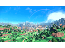 Charger l&#39;image dans la galerie, Vue panoramique d&#39;un paysage fantastique avec un château, des montagnes et un arc-en-ciel.
