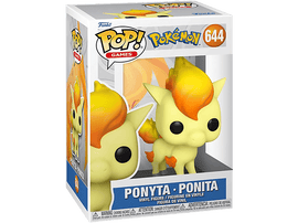 Figurine Ponyta Pokémon dans une boîte. Ponyta est jaune avec des flammes oranges.