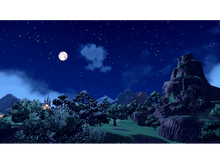 Charger l'image dans la galerie, Scène de nuit d'un paysage avec pleine lune, arbres, collines et structure en forme de château.

