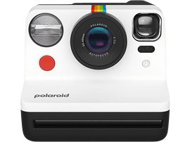 Appareil photo Polaroid blanc avec une bande arc-en-ciel sur l