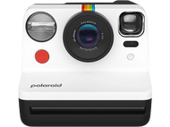 Appareil photo Polaroid blanc avec une bande arc-en-ciel sur l'objectif.