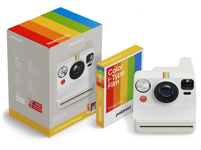 Un appareil photo Polaroid avec une boîte et des films. L'appareil est blanc avec une bande arc-en-ciel.