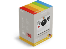 Charger l&#39;image dans la galerie, Boîte d&#39;appareil photo Polaroid avec une bande arc-en-ciel sur le dessus et un appareil photo instantané blanc.
