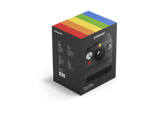 Charger l&#39;image dans la galerie, Boîte d&#39;appareil photo Polaroid, dessus arc-en-ciel, appareil photo à l&#39;intérieur. Boîte noire et grise.
