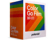 Boîte de film Polaroid Color Go. Elle présente un schéma de couleurs arc-en-ciel et les mots 'Color Go Film' sont visibles.