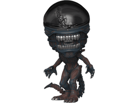 Figurine Alien, stylisée, tête noire, corps bleu, détails rouges et marrons. Fond sombre.