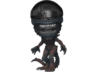 Figurine Alien, stylisée, tête noire, corps bleu, détails rouges et marrons. Fond sombre.