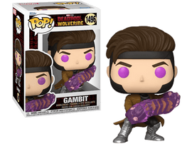 Figurine Funko Pop Gambit du film Deadpool et Wolverine. Il a des yeux violets et tient un objet d